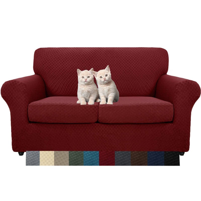 MAXIJIN 3 Piece Jacquard Couch Covers for 2 Cushion Couch Stretch Non Slip Love Seat Couch Cover for Dogs Pet Friendly Elastic Furniture Protector Loveseat Slipcovers (Loveseat, Wine Red) - Image 1